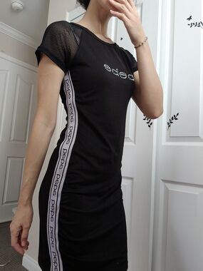 bebe Black Bodycon Midi Dress with White Logo Tape